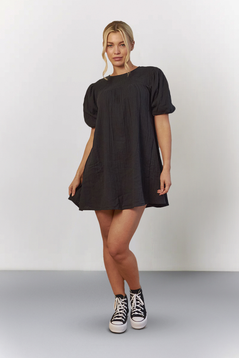 Black Recycled Textured Puff Sleeve Smock Mini Dress