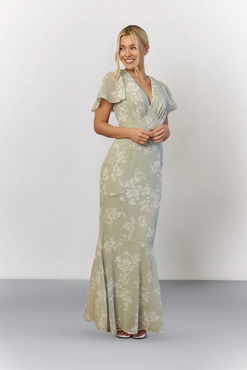 Sage Floral Print Chiffon Flutter Sleeve Maxi Dress