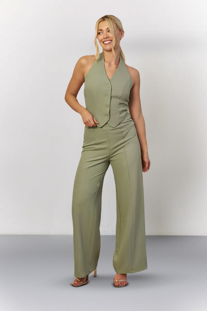 Sage Tailored Halterneck Waistcoat Wide Leg Jumpsuit