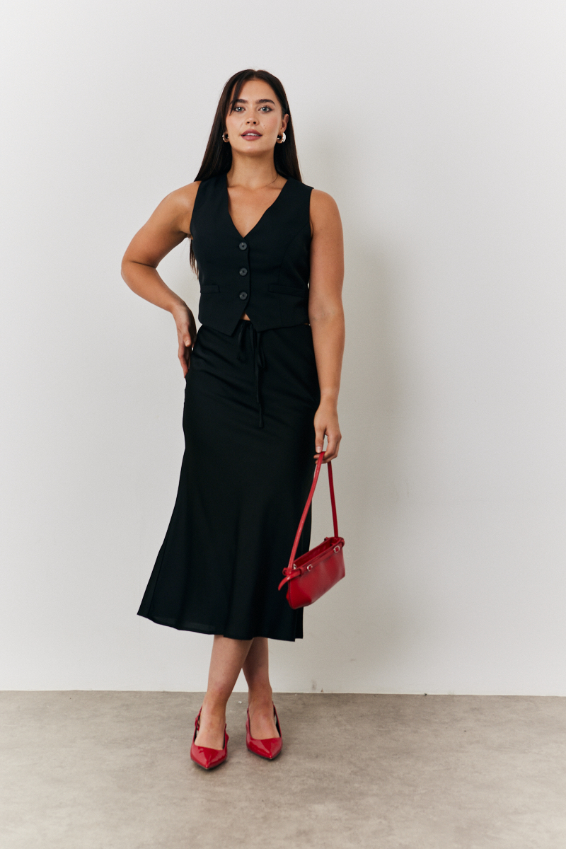 Midi Satin Slip Skirt with Tie Waist