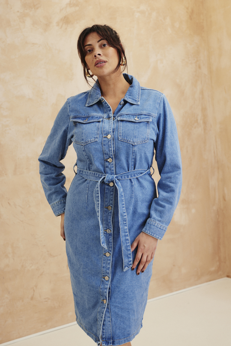 New look denim button through dress best sale