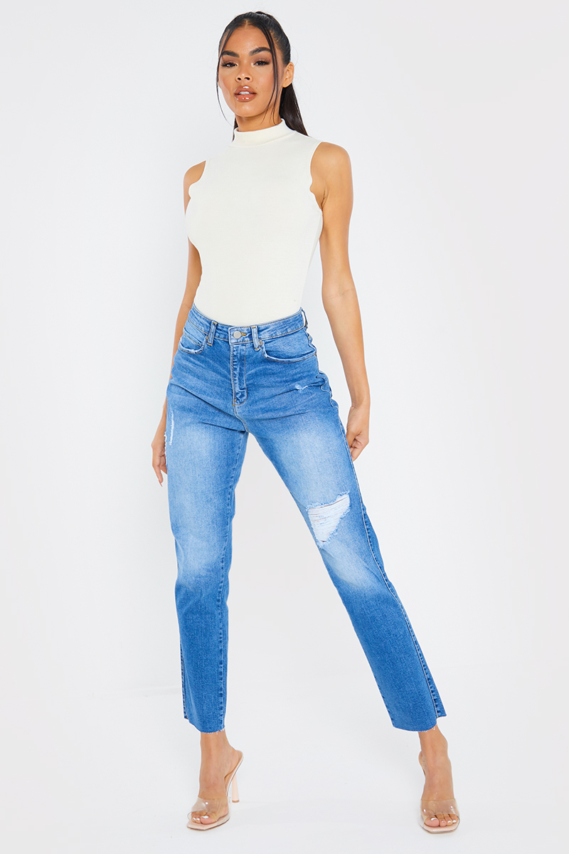 Washed Ripped High Waisted Stretch Mom Jeans