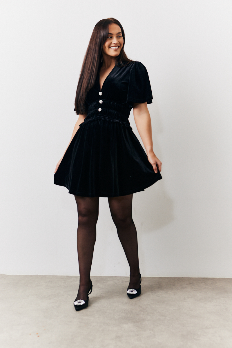 Velvet Mini Dress with Embellished Buttons