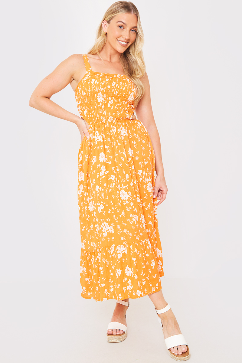 Floral Shirred Cut Out Detail Midi Dress