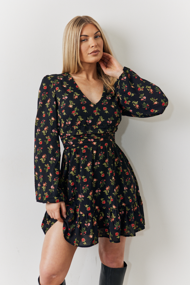 Rose Print Wrap Front Chiffon Mini Skater Dress