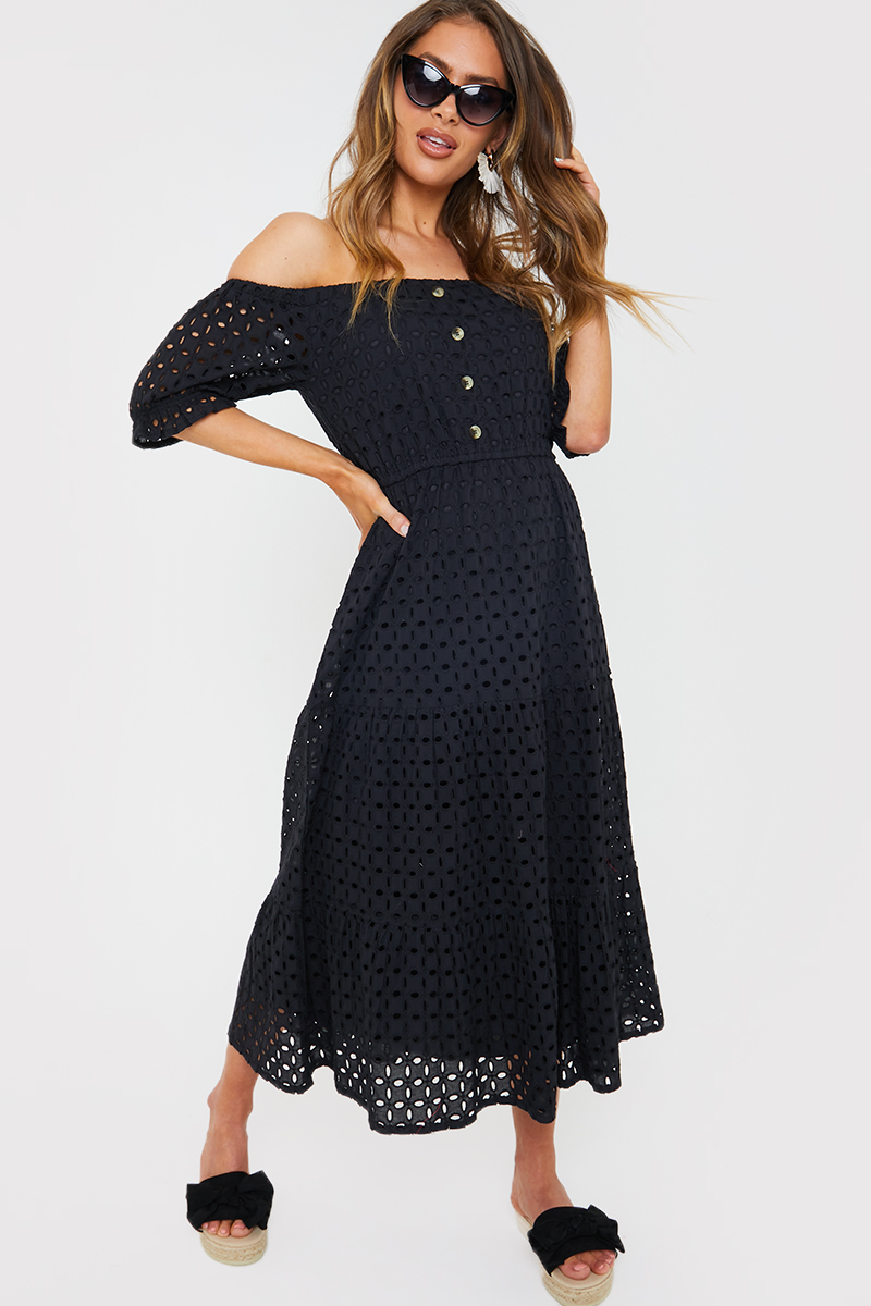 Broderie Anglaise Bardot Tiered Midi Dress