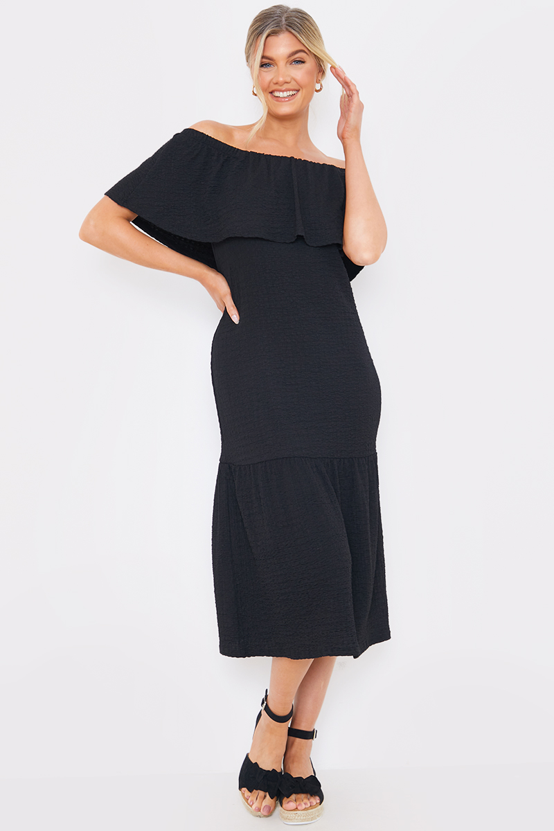 Textured Frill Bardot Midi Dress