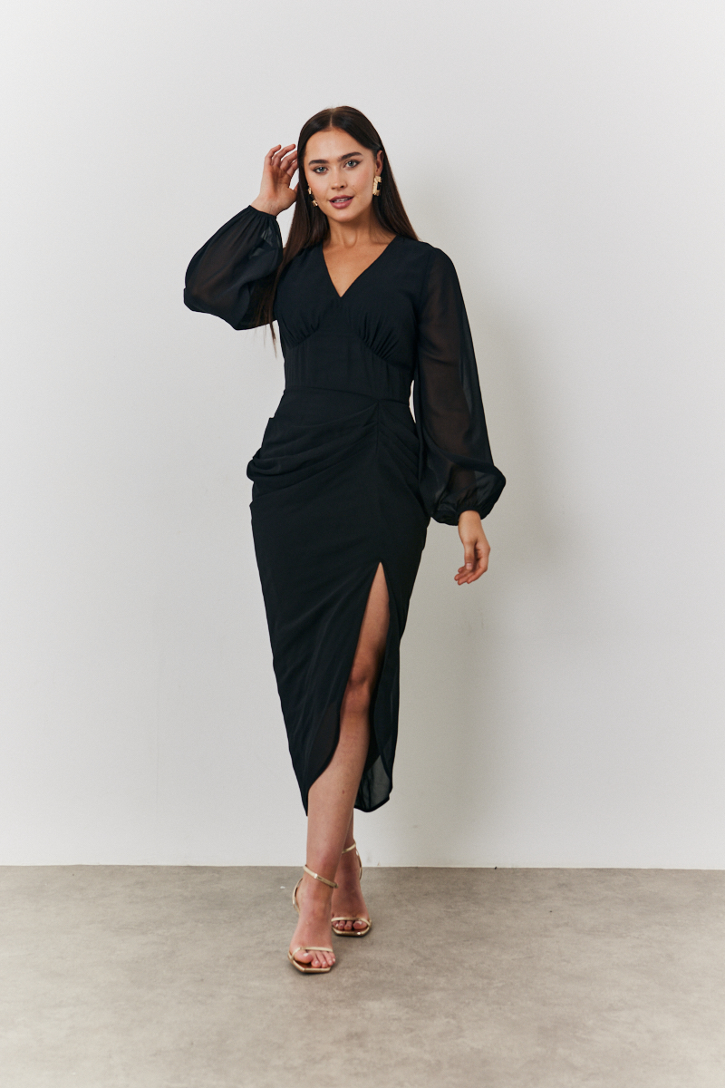 Chiffon Long Sleeve Slit Detail Midi Dress