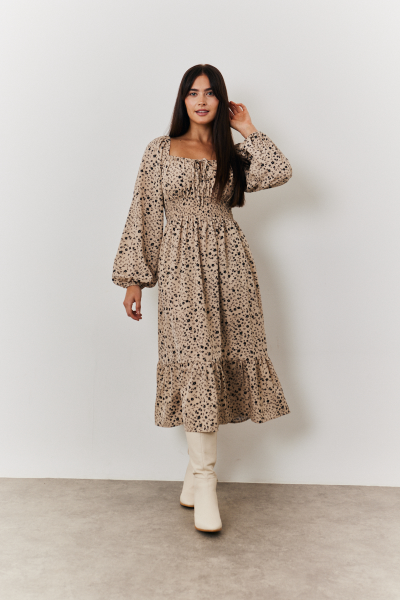 Ditsy Floral Tiered Midi Dress with Ruched Bust and Tie Front Detail