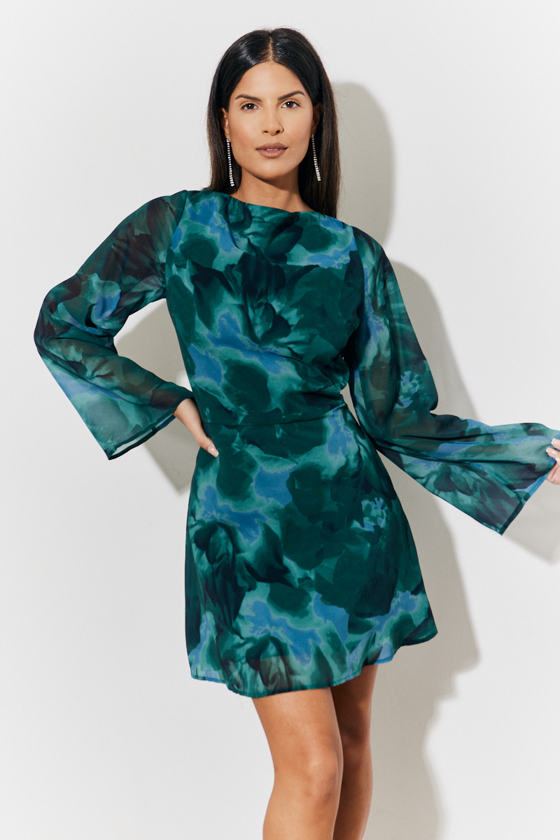 Sequin Draped Boat Neck Mini Dress