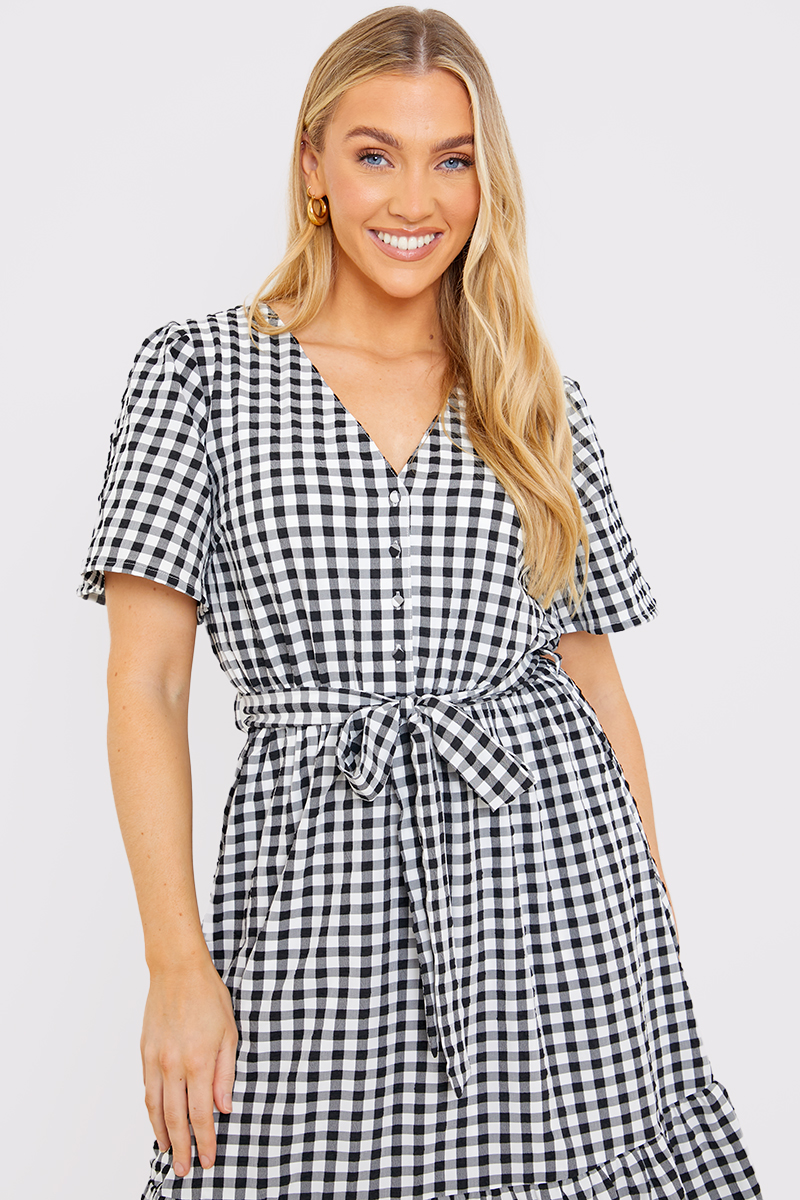 Gingham Button Down Tiered Midi Dress