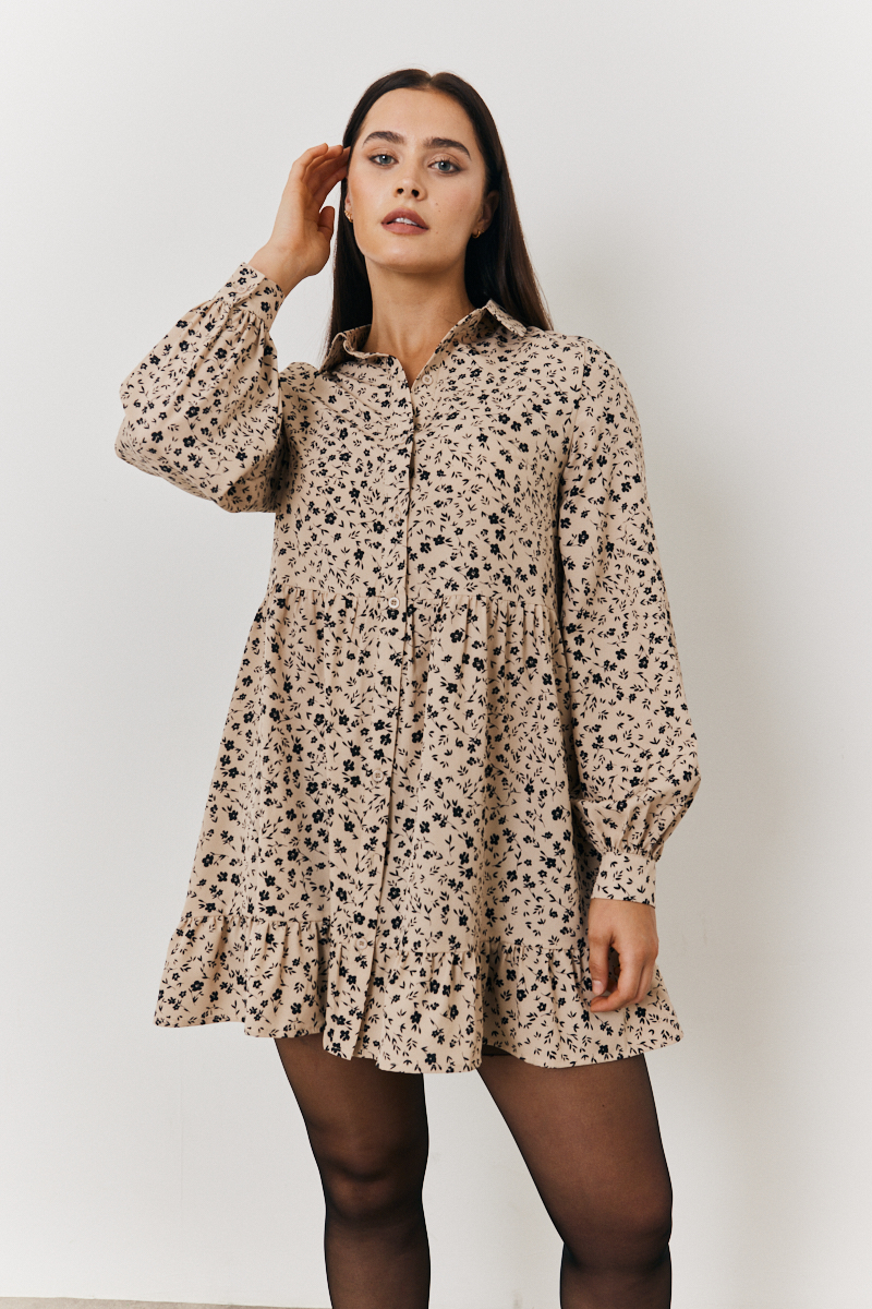 Printed Collared Button up Smock Mini Dress