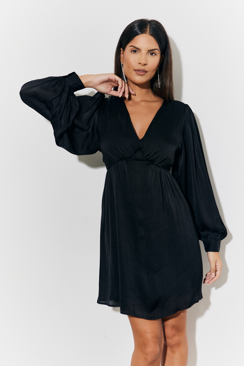 Satin Smock Mini Dress With Balloon Sleeves