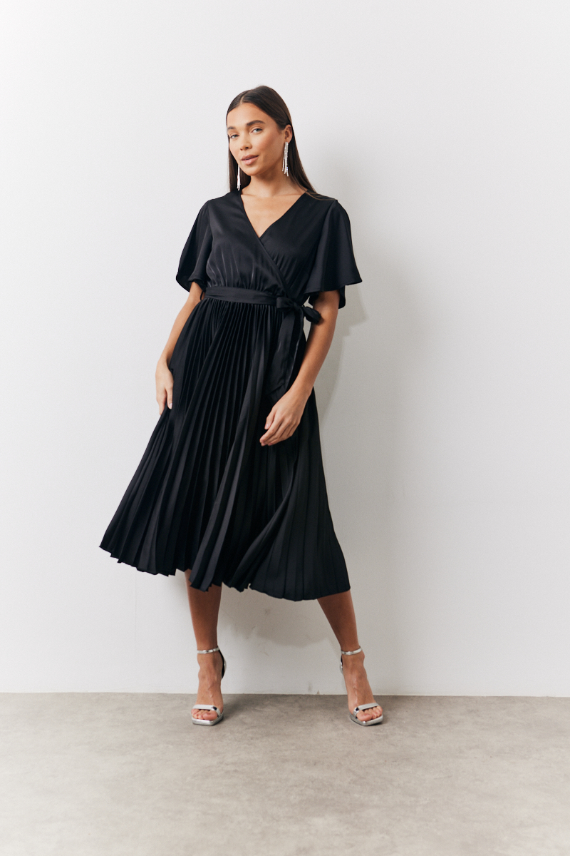 Pleated Wrap Midi Dress	