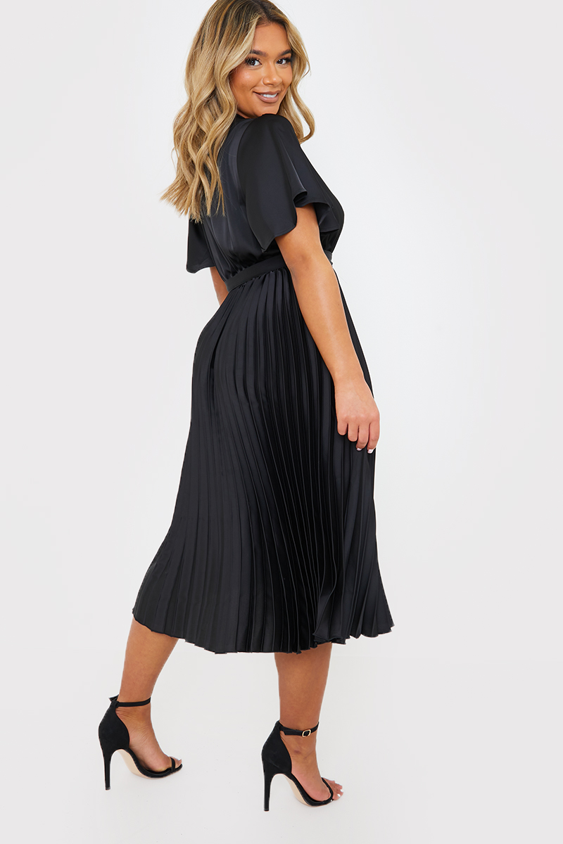 Black Pleated Wrap Midi Dress