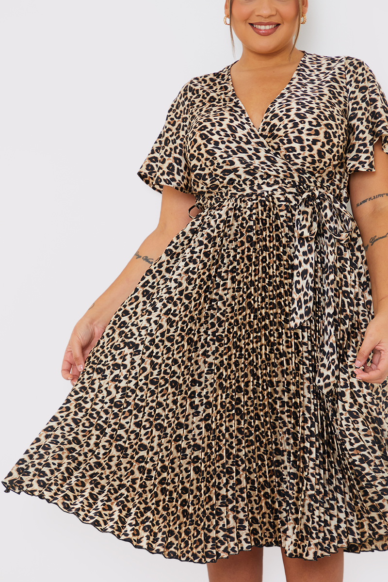 Leopard Print Pleated Midi Dress