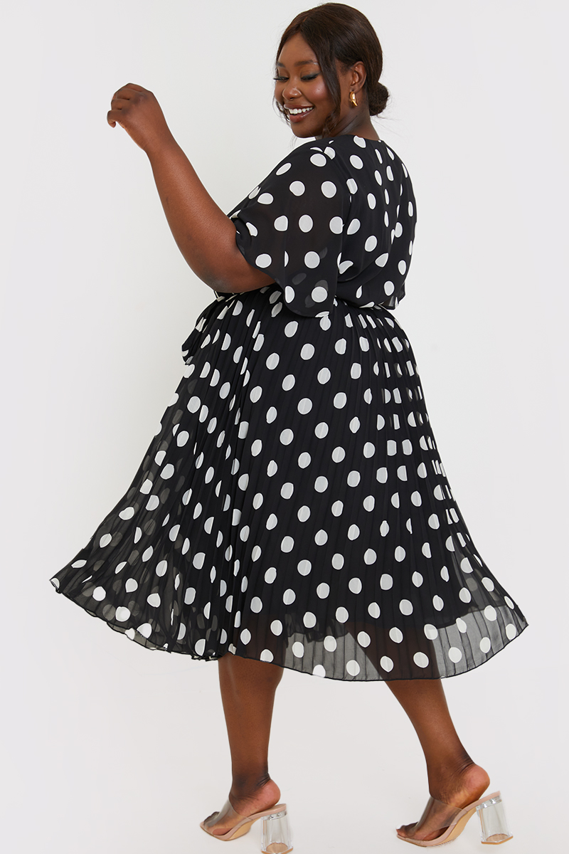 Polka Dot Print Pleated Wrap Midi Dress