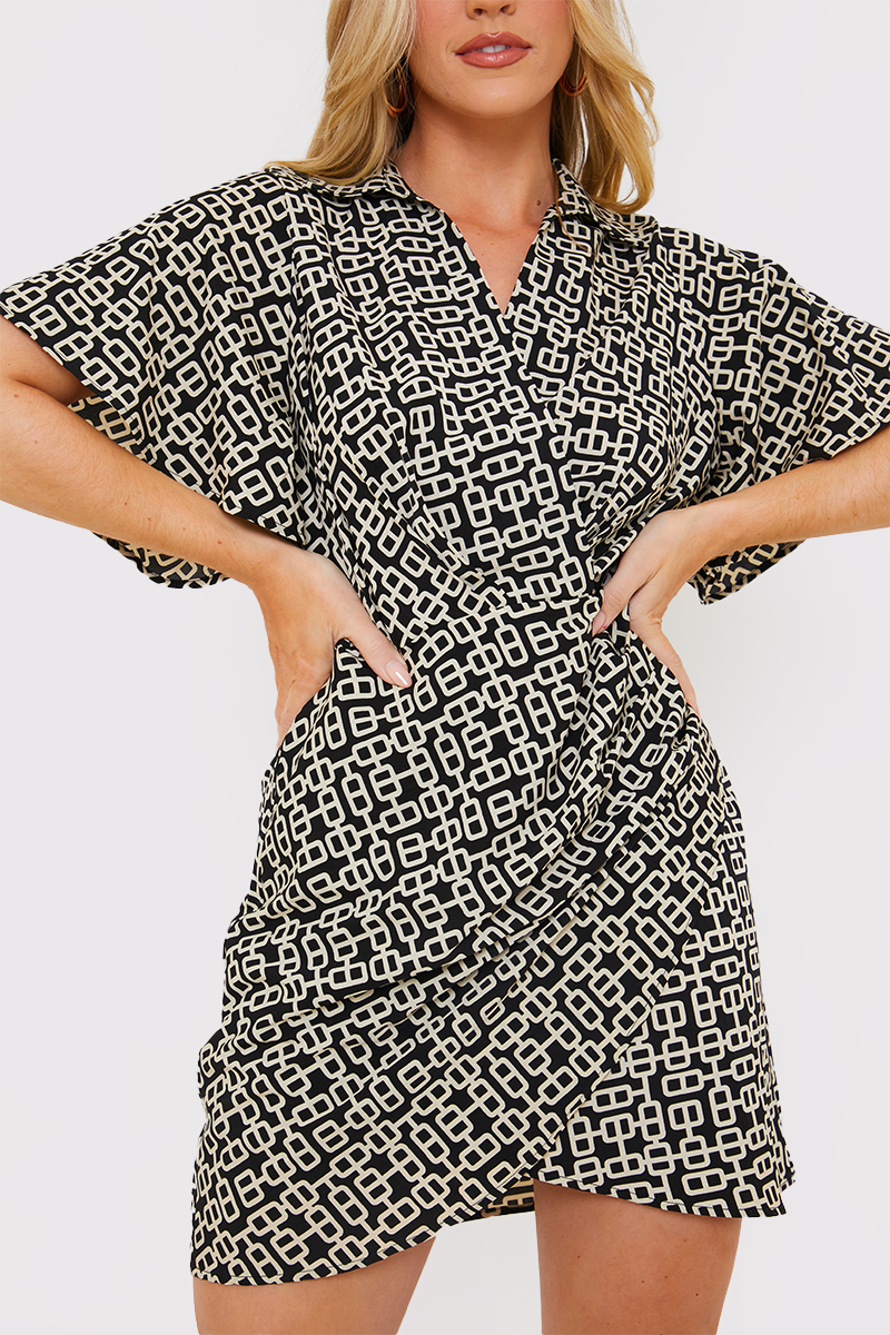 Geo Print Wrap Drape Dress