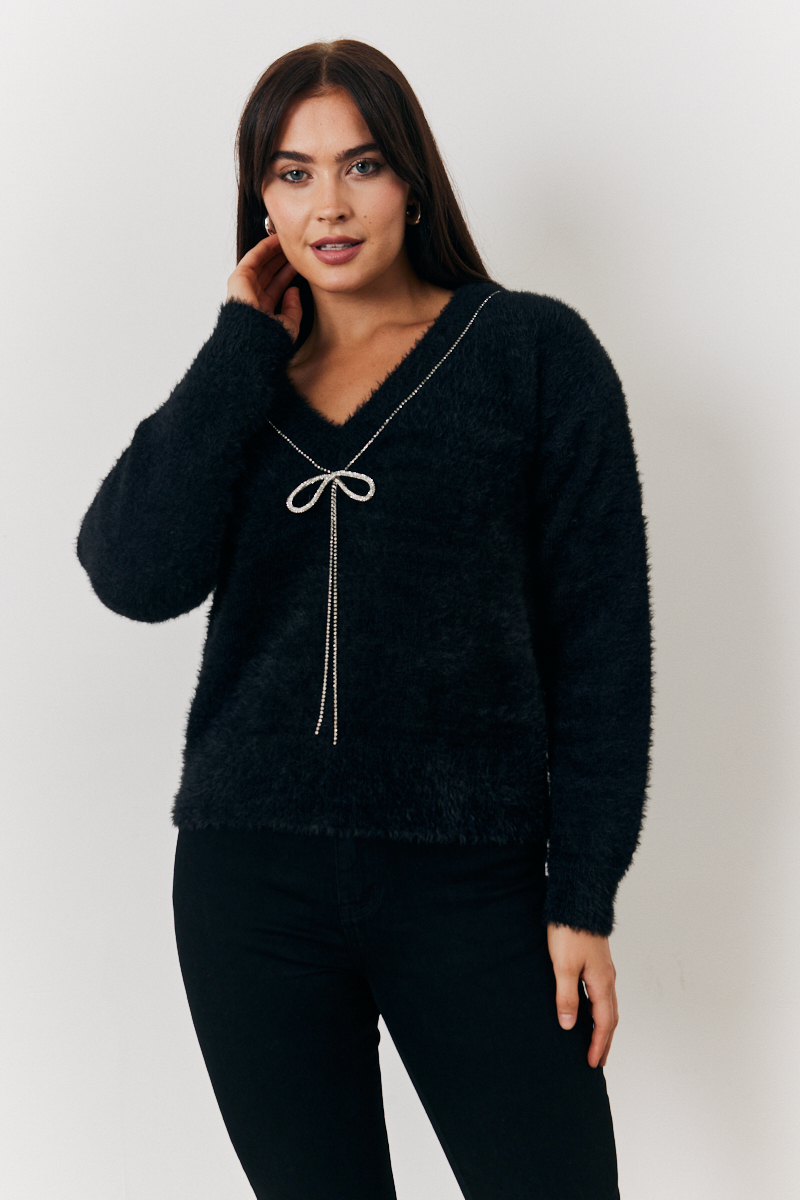 Mulitway Embellished Bow Detail Fluffy Knit Jumper