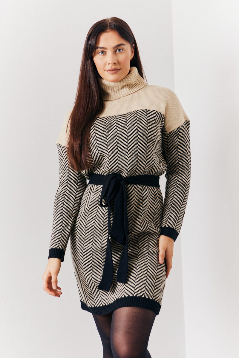 Belted Chevron Roll Neck Knit Mini Dress