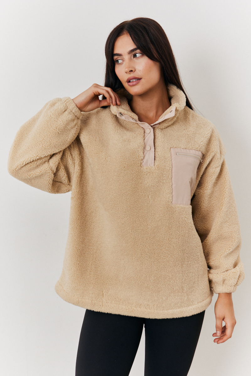 Popper Detail Pull over Borg Jacket