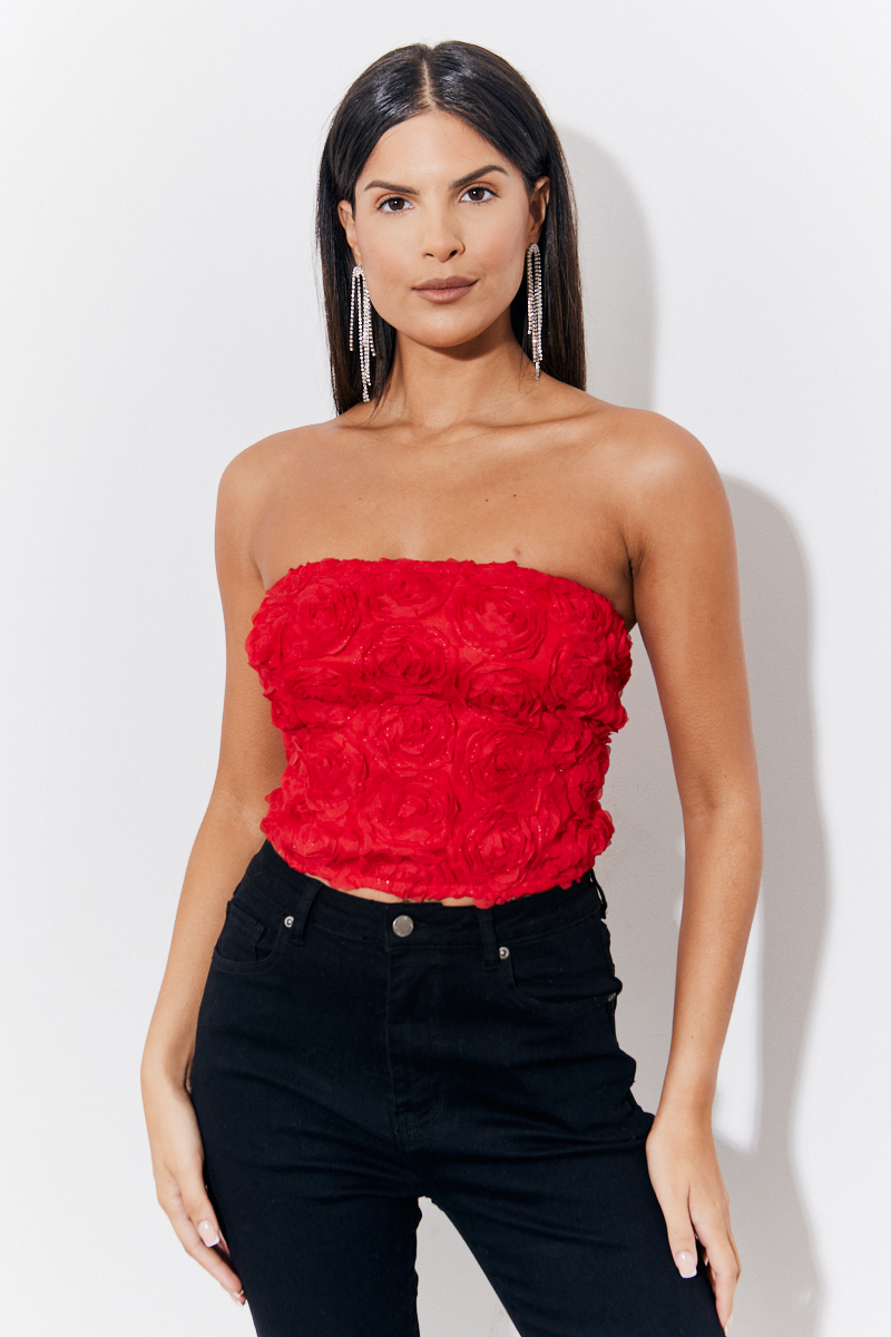 Red 3D Floral Bandeau Top