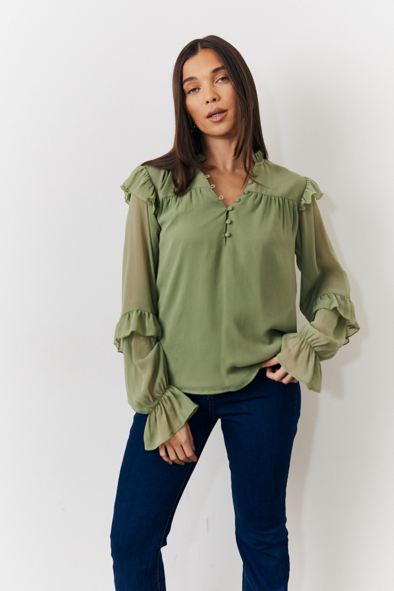 V Neck Button Detail Chiffon Blouse