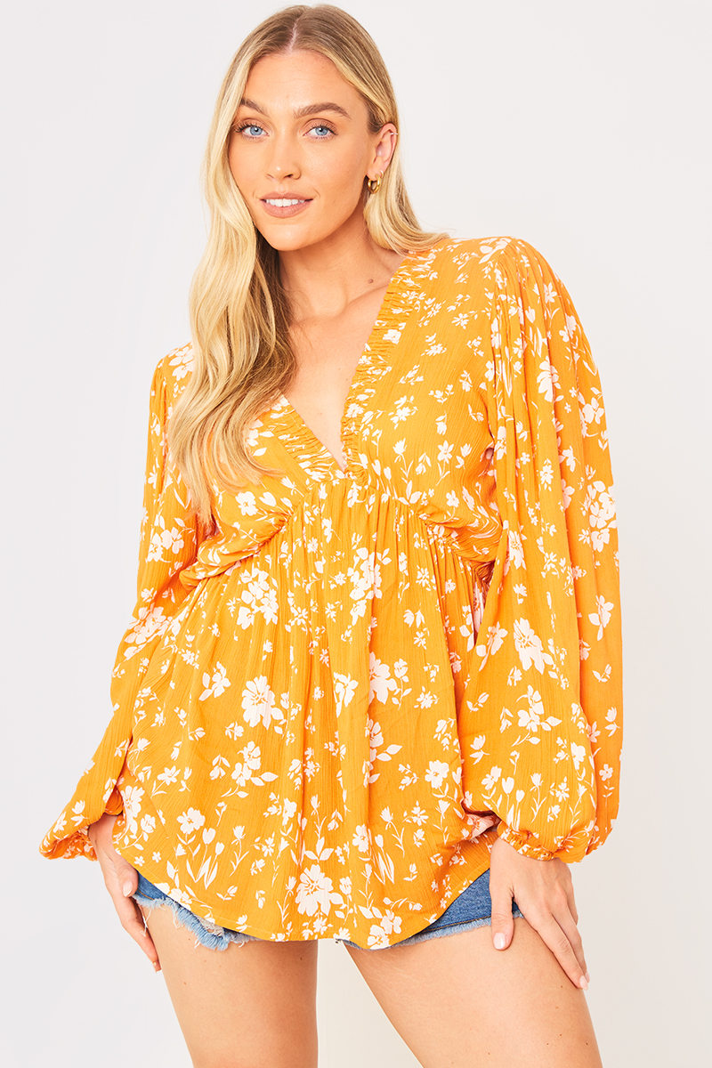 Floral Peplum Hem V Neck Top