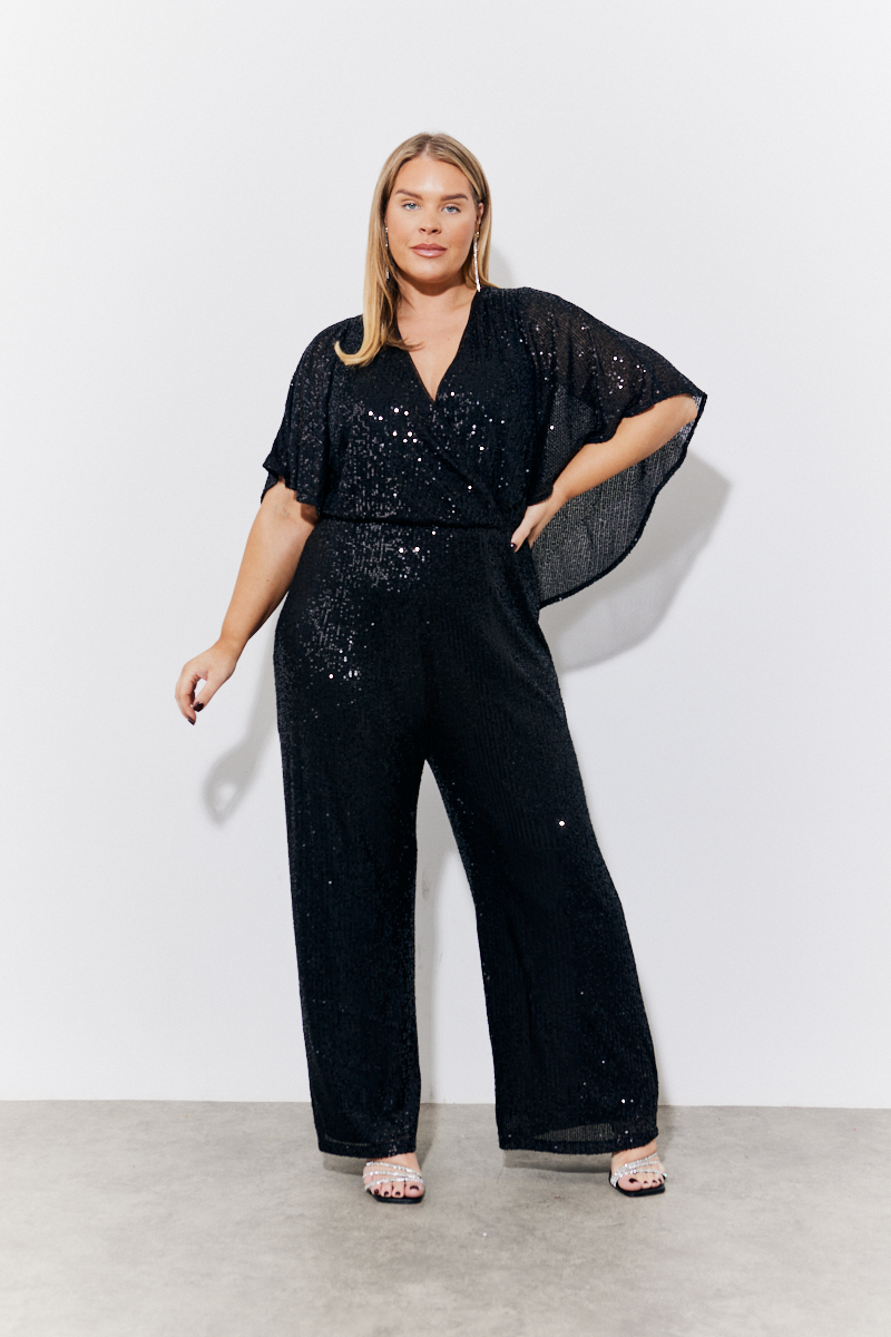 Black Sequin Cape Style Wide Leg Jumpsuit 