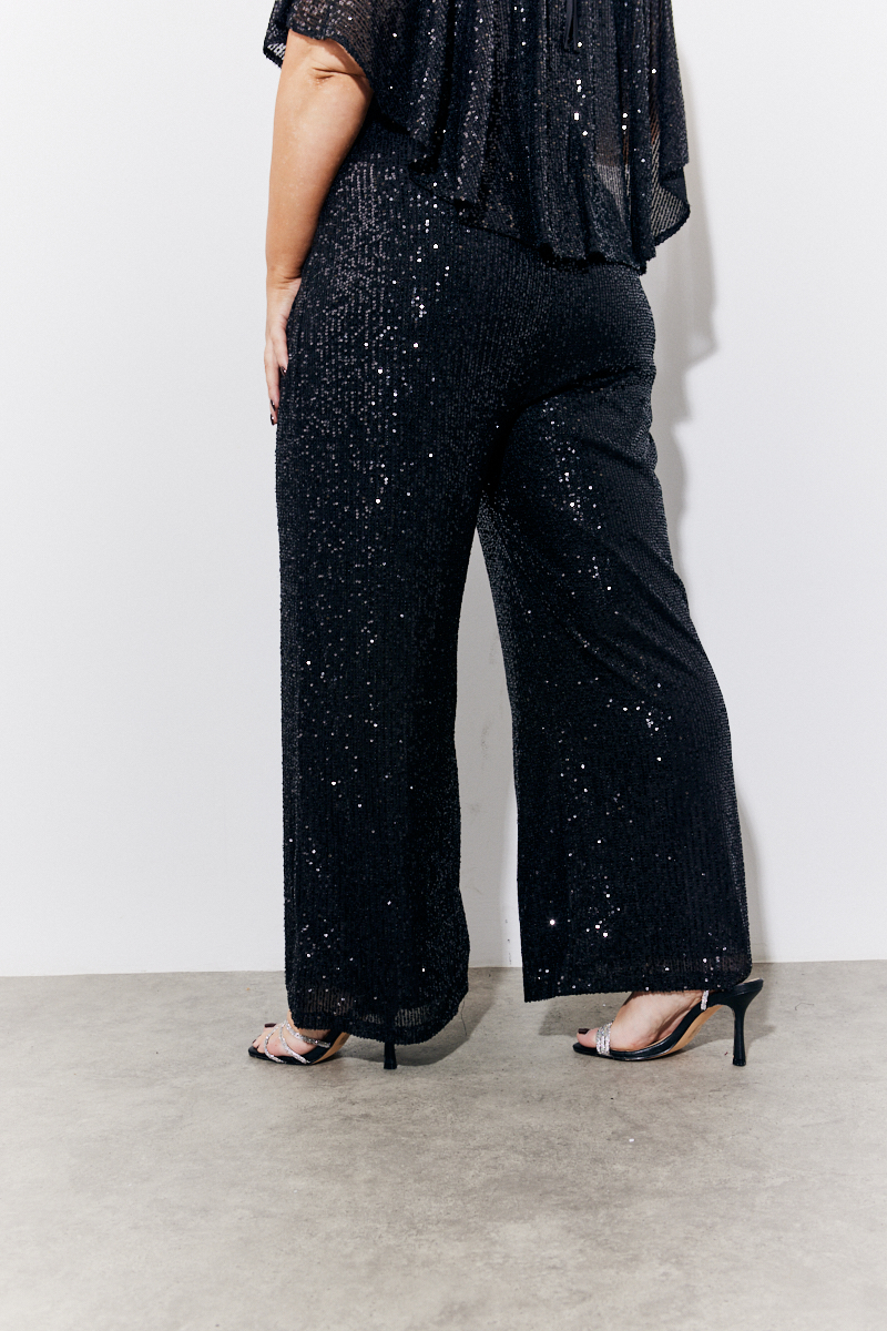 Black Sequin Cape Style Wide Leg Jumpsuit 