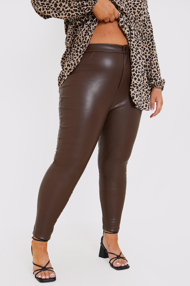 Chocolate Faux Leather Pintuck Detail Leggings