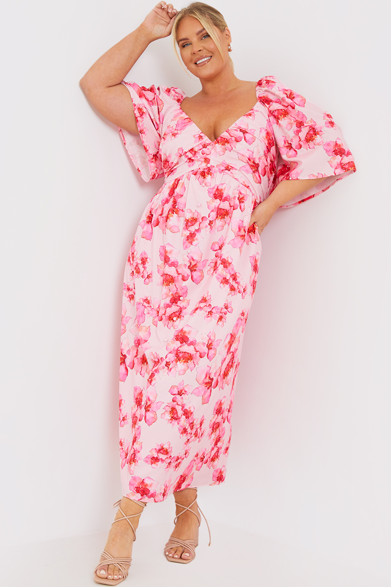 PINK FLORAL FLUTTER SLEEVE MIDAXI DRESS