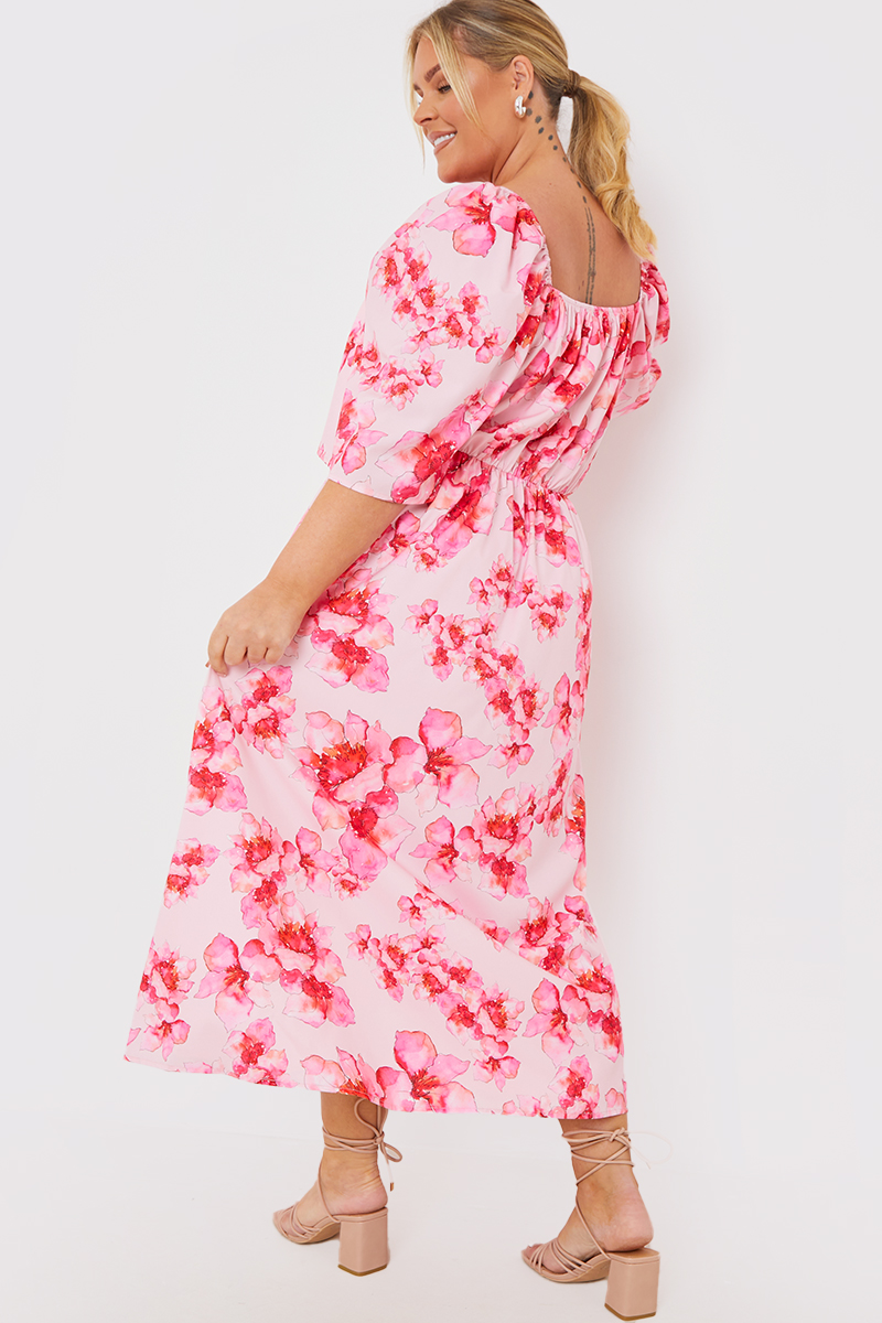 PINK FLORAL FLUTTER SLEEVE MIDAXI DRESS