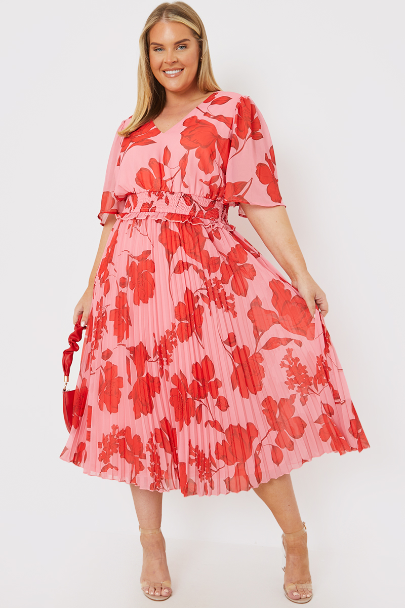 Printed Angel Sleeve Pleated Chiffon Midi Dress