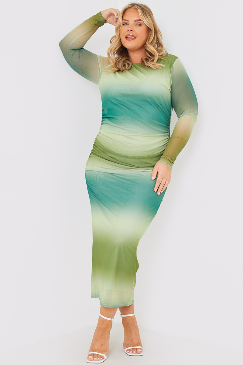 Printed Ombre Mesh Long Sleeve Maxi Dress