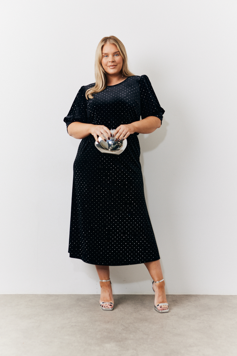 Puff Sleeve Studded Velvet Midi Dress