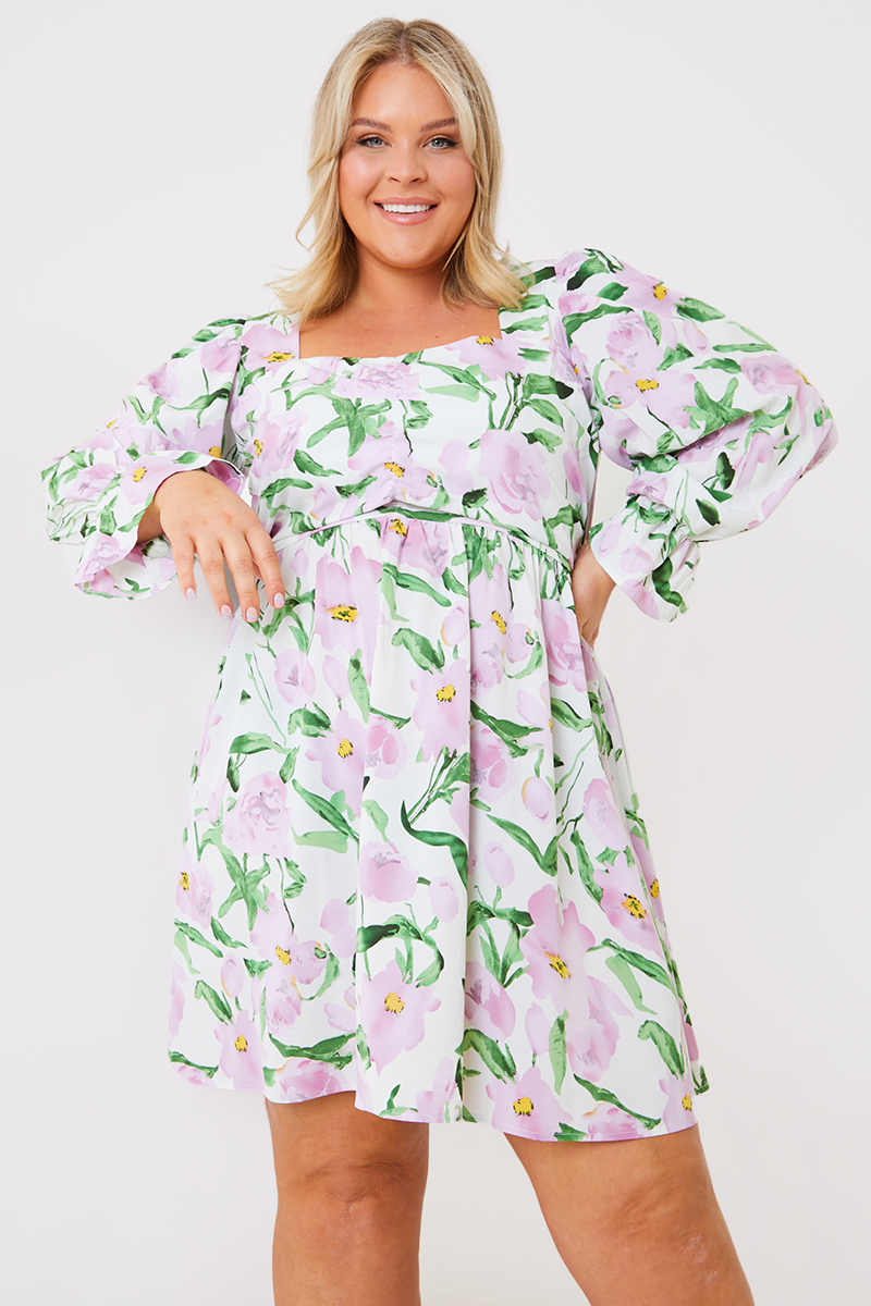 Floral Print Puff Sleeve Milkmaid Mini Dress-In The Style