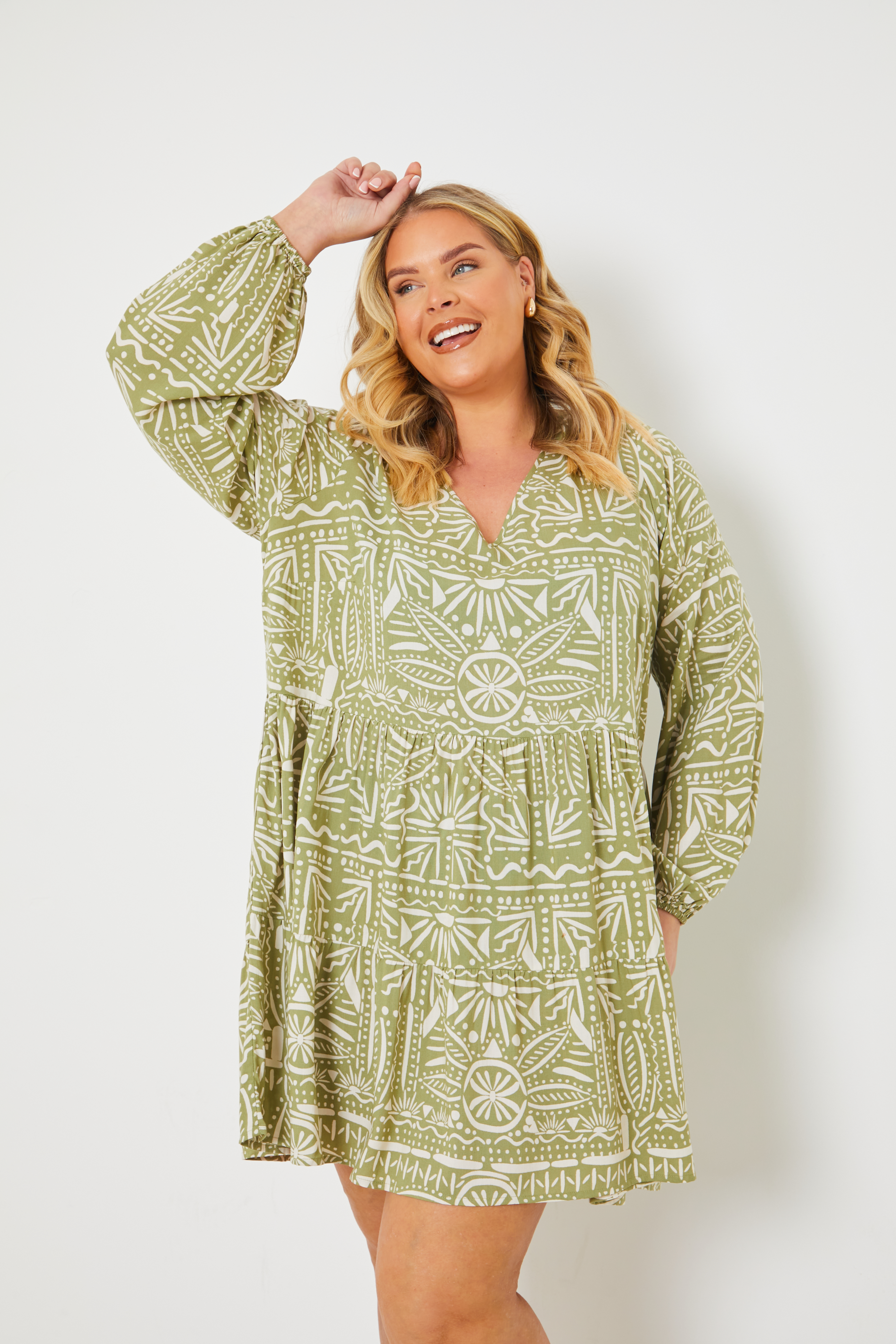 Printed Mini Smock Dress with Long Balloon Sleeves