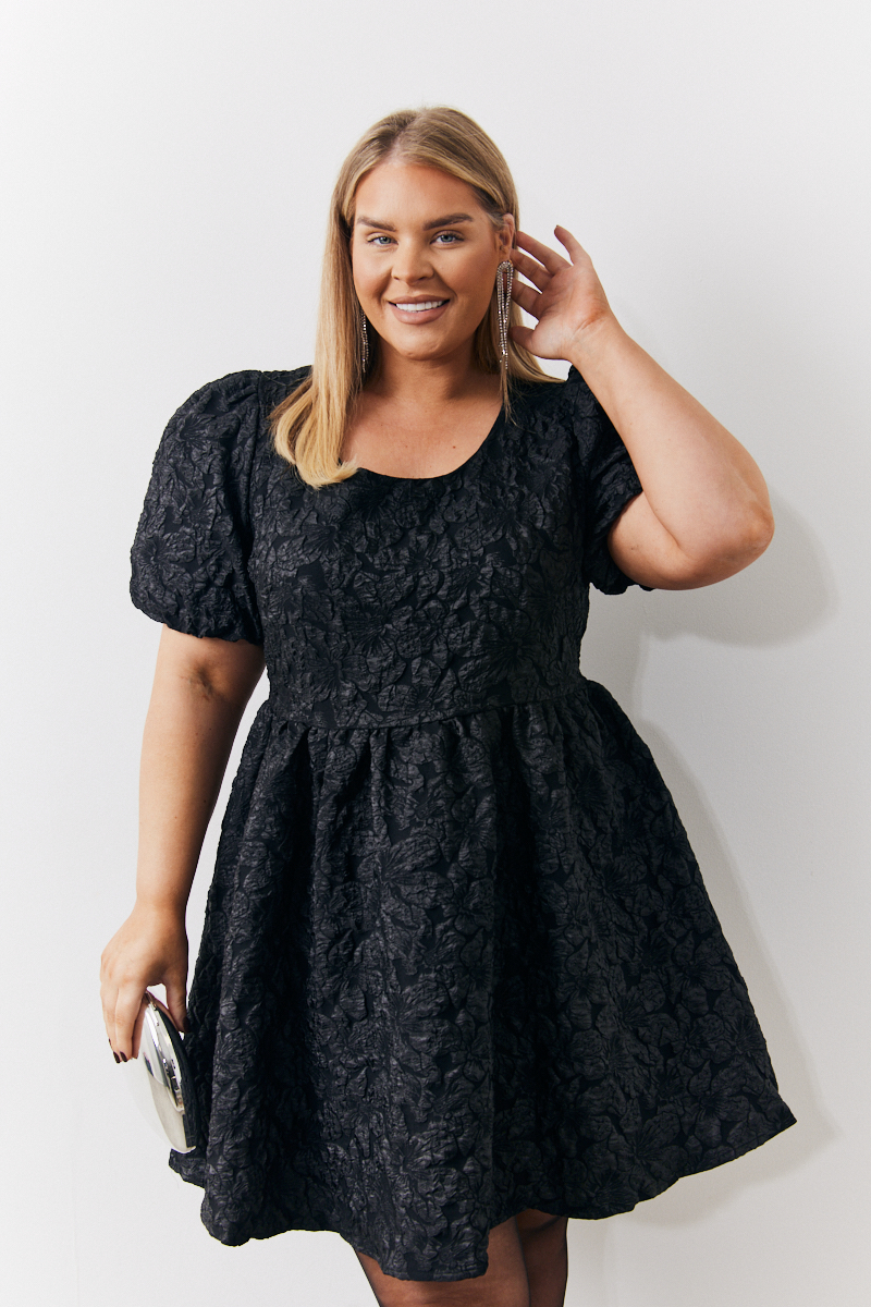 Jacquard Bow Back Puff Sleeve Smock Dress