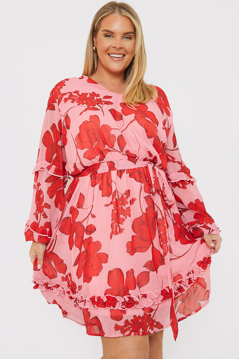 Printed Chiffon Frill Angel Sleeve Mini Dress