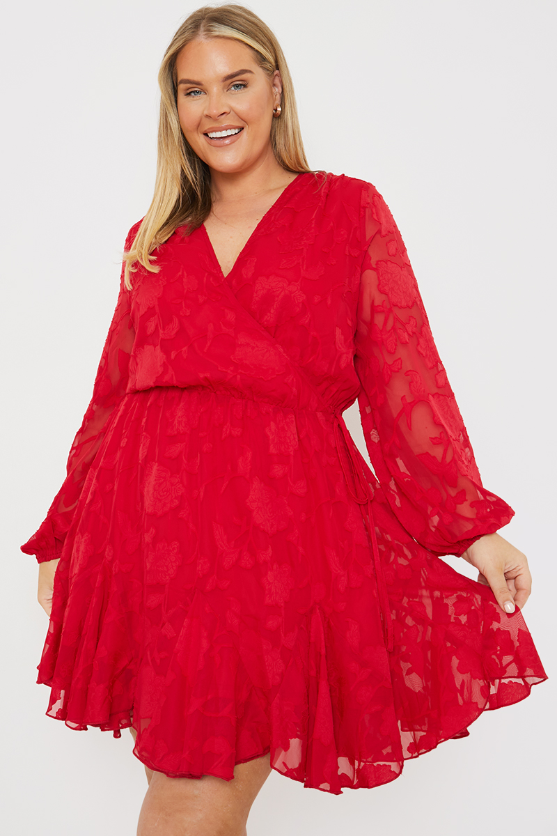 Floral Jacquard Wrap Mini Dress With Godet Hem