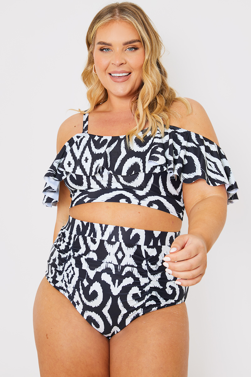 Control Print High Waist Ruched Detail Bikini Bottom