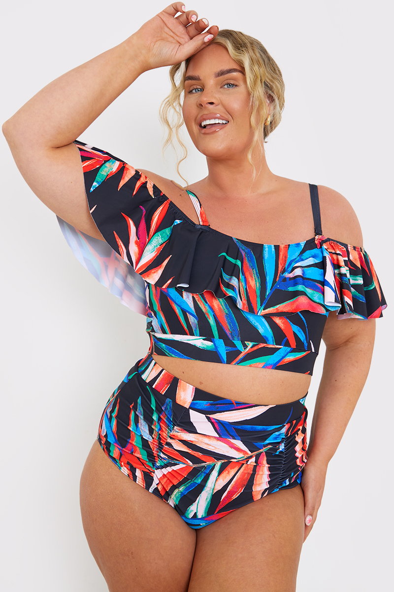 Control Ruched Detail Palm Print Bikini Bottom