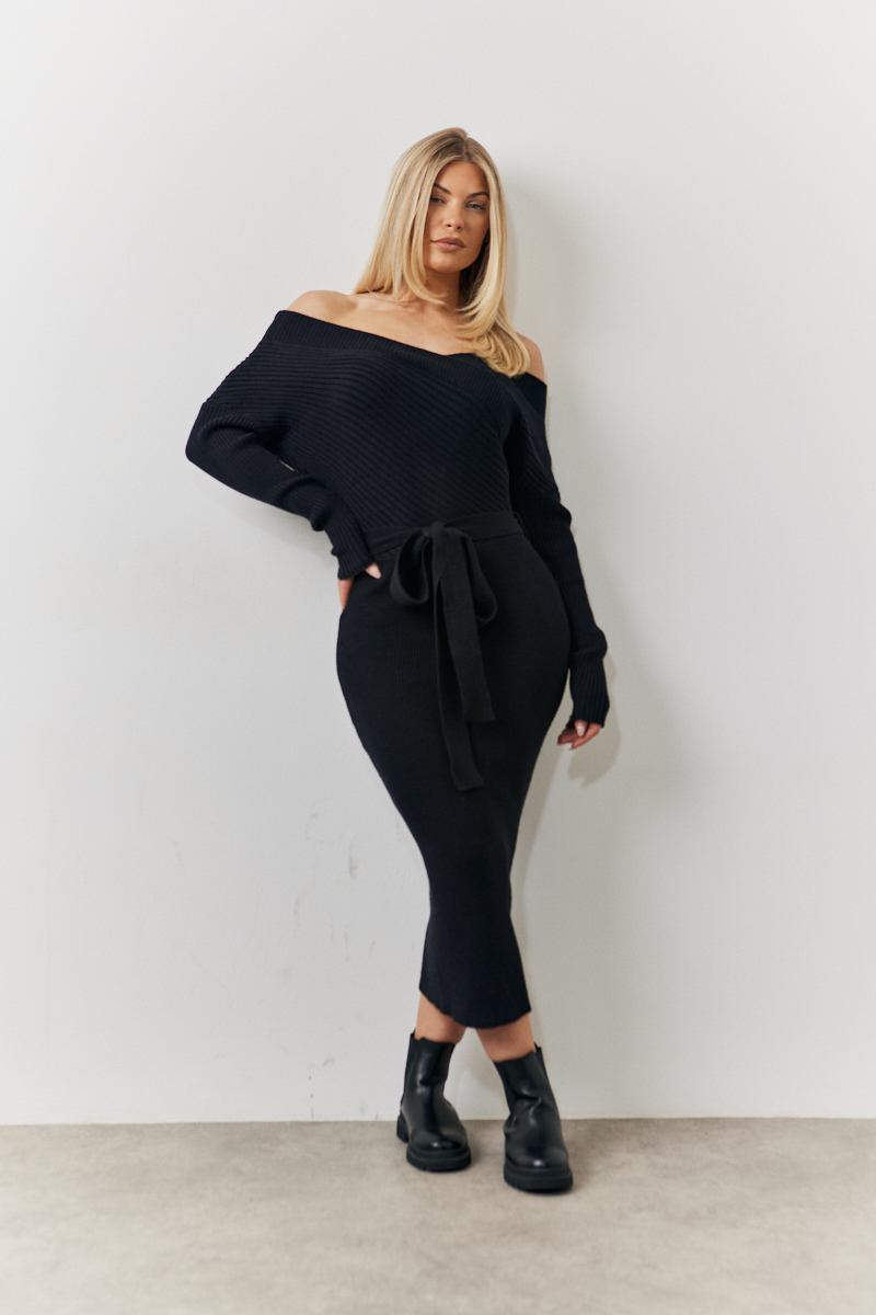 Contrast Rib Wrap Detail Belted Knitted Midaxi Dress	