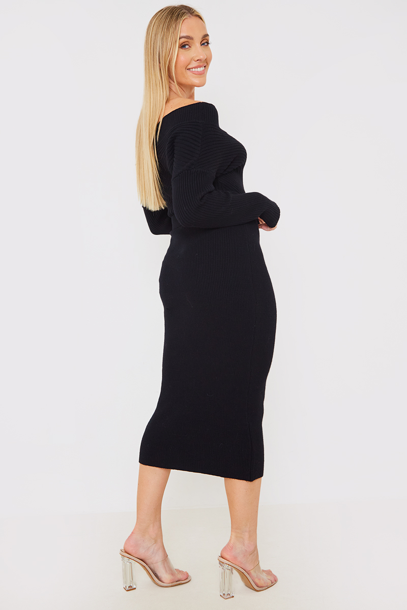 Contrast Rib Wrap Detail Belted Knitted Midaxi Dress