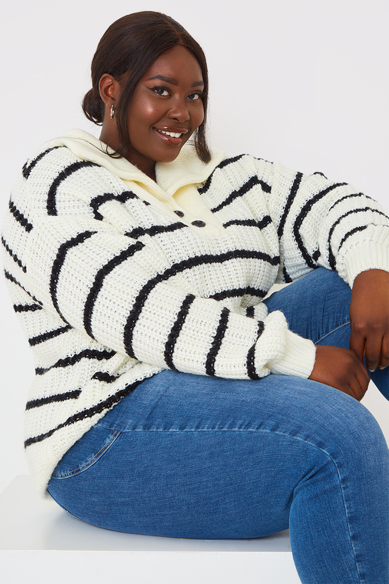 Recycled Stripe Half Button Knitted Jumper