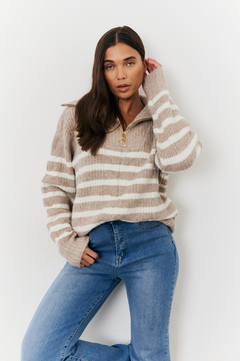 Recycled Stripe Half Zip Stripe Cable Jumper
