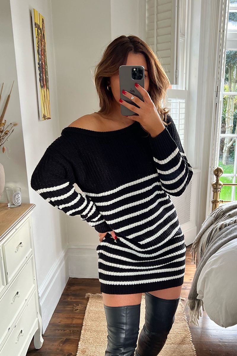 Monochrome Stripe Off Shoulder Knit Dress