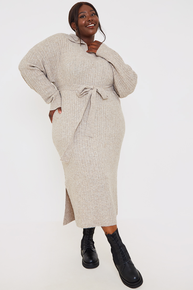 Recycled Belted Collar Knitted Midaxi Dress