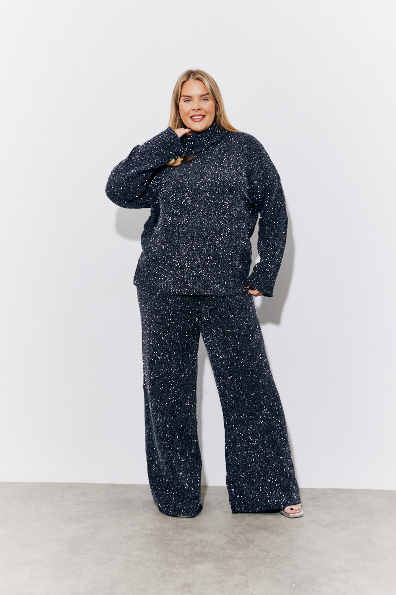 Black Lurex Chenille Co-Ord Wide Leg Trouser